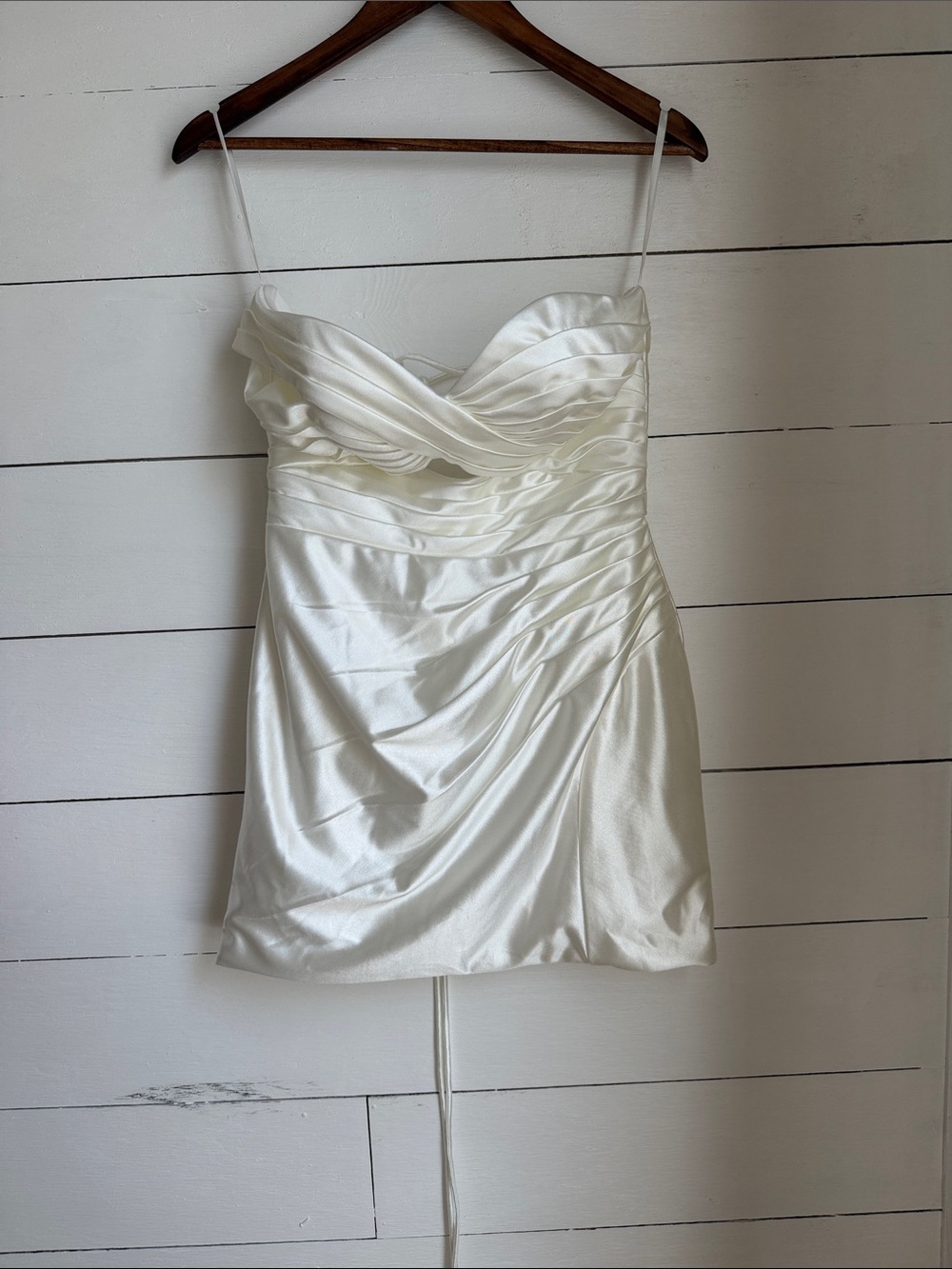 White Satin Strapless Mini Dress with Draped Bodice